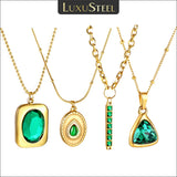 Green Zircon Crystal Pendant Necklace Stainless Steel Geometric Square Charm