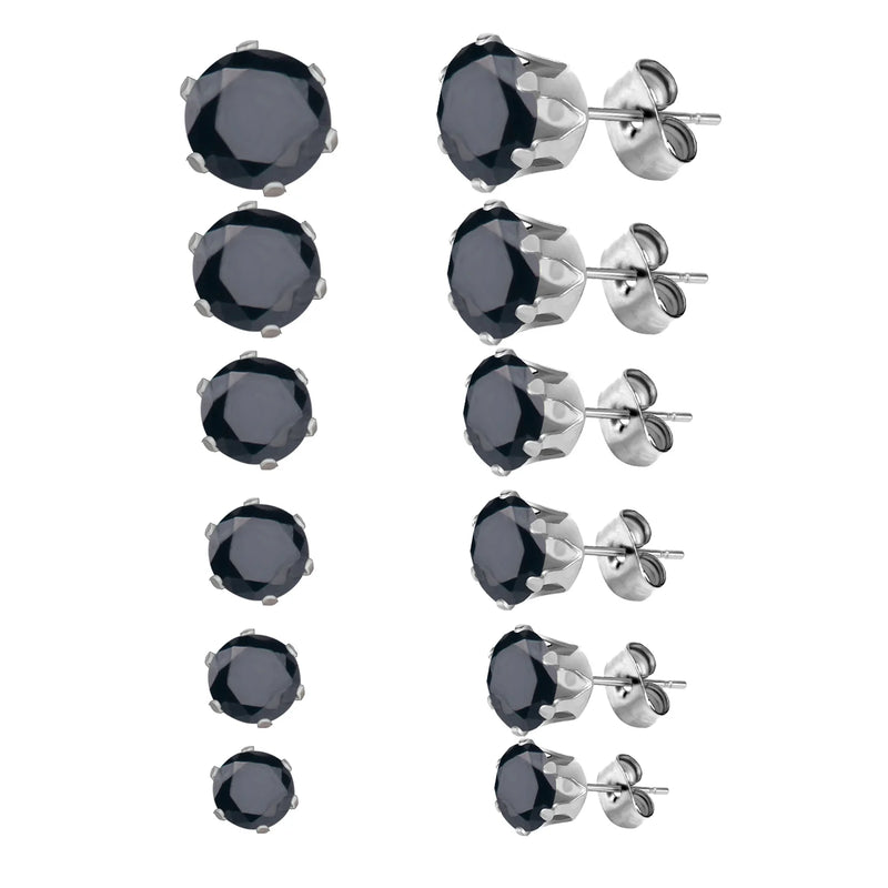 Punk 6Pairs Stainless Steel Crystal Stud Earrings Set Women Men Round Jewelry