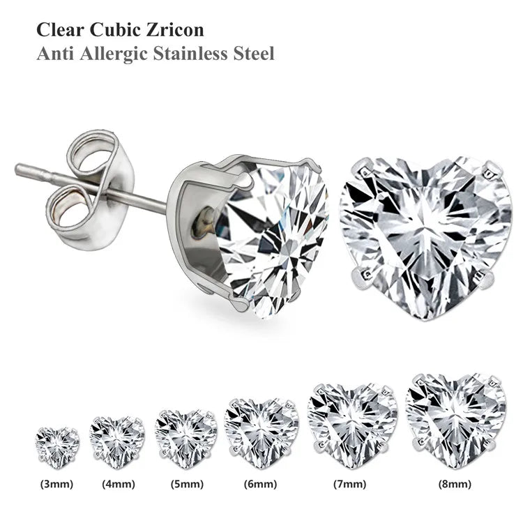 Heart Shape Crystal Stud Earrings Set for Women, 6 Pairs