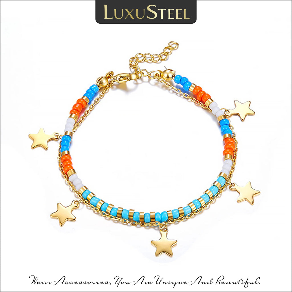 Stainless Steel Beaded Bracelets Bangles with Star Pendants