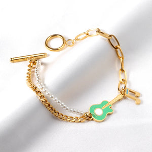Stainless Steel Lobster Clasp Bracelet Violin Note Pearl Layer
