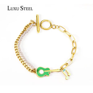 Stainless Steel Lobster Clasp Bracelet Violin Note Pearl Layer