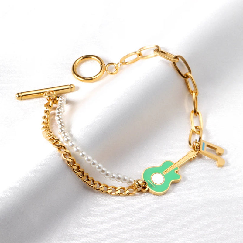 Stainless Steel Lobster Clasp Bracelet Violin Note Pearl Layer