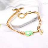 Stainless Steel Lobster Clasp Bracelet Violin Note Pearl Layer