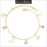 Stainless Steel Star Moon CZ Pendants Link Chains Bracelet Extender