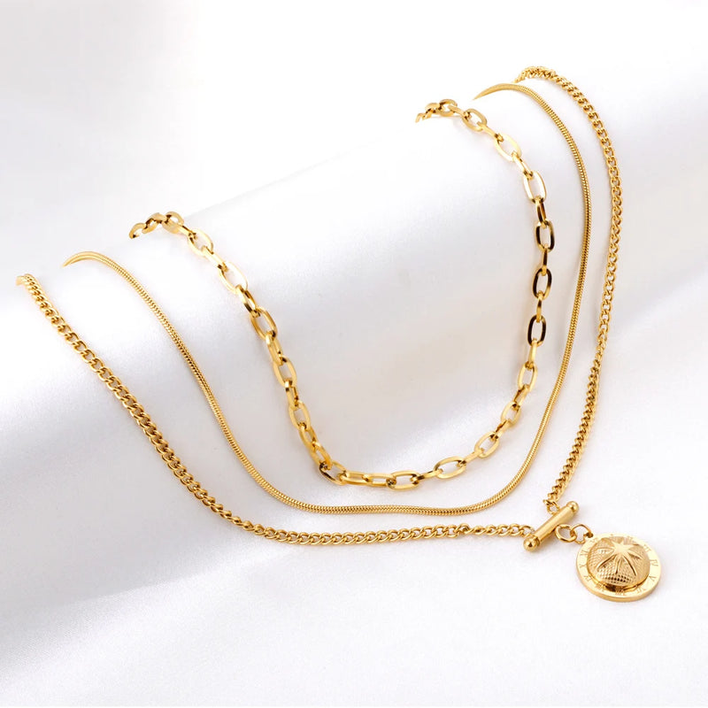 Stainless Steel Layer Chains Necklace Hiphop Jewelry Star Pendants