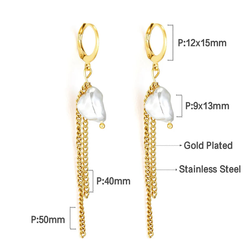 Stainless Steel Pearl Hoop Earrings Tassel Chain Earring