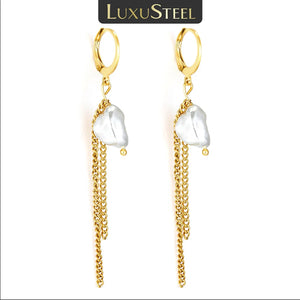 Stainless Steel Pearl Hoop Earrings Tassel Chain Earring