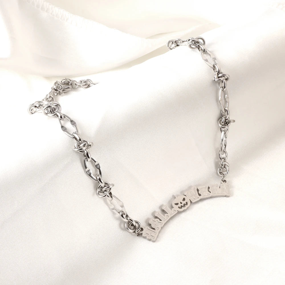 Vintage Punk Gothic Halloween Letter Pumpkin Chain Necklace For Women Men