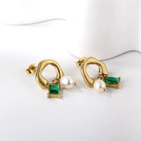Green CZ Pearl Drop Earrings Stainless Steel Jewelry