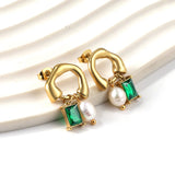 Green CZ Pearl Drop Earrings Stainless Steel Jewelry