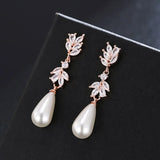 Water Drop Pearl Earrings for Women Leaf Zirconia Dangle Jewelry