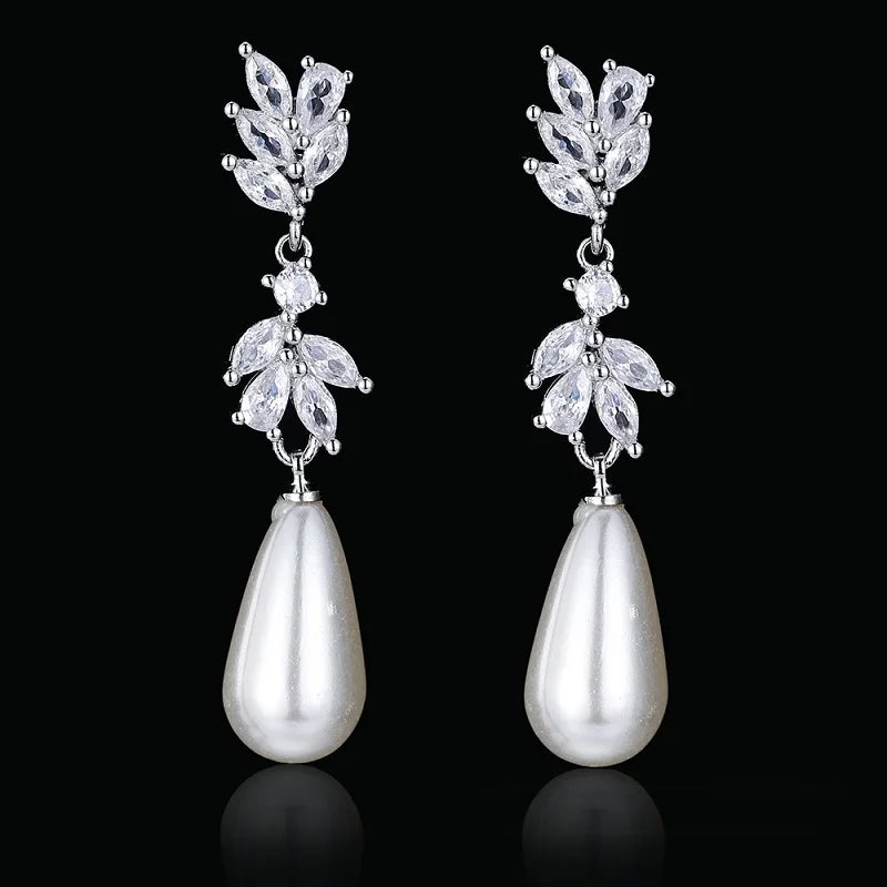 Water Drop Pearl Earrings for Women Leaf Zirconia Dangle Jewelry