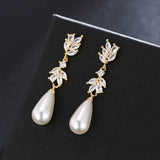 Water Drop Pearl Earrings for Women Leaf Zirconia Dangle Jewelry