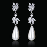 Water Drop Pearl Earrings for Women Leaf Zirconia Dangle Jewelry