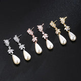 Water Drop Pearl Earrings for Women Leaf Zirconia Dangle Jewelry