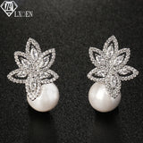 Pearl CZ Flower Earrings Wedding Jewelry Pendientes