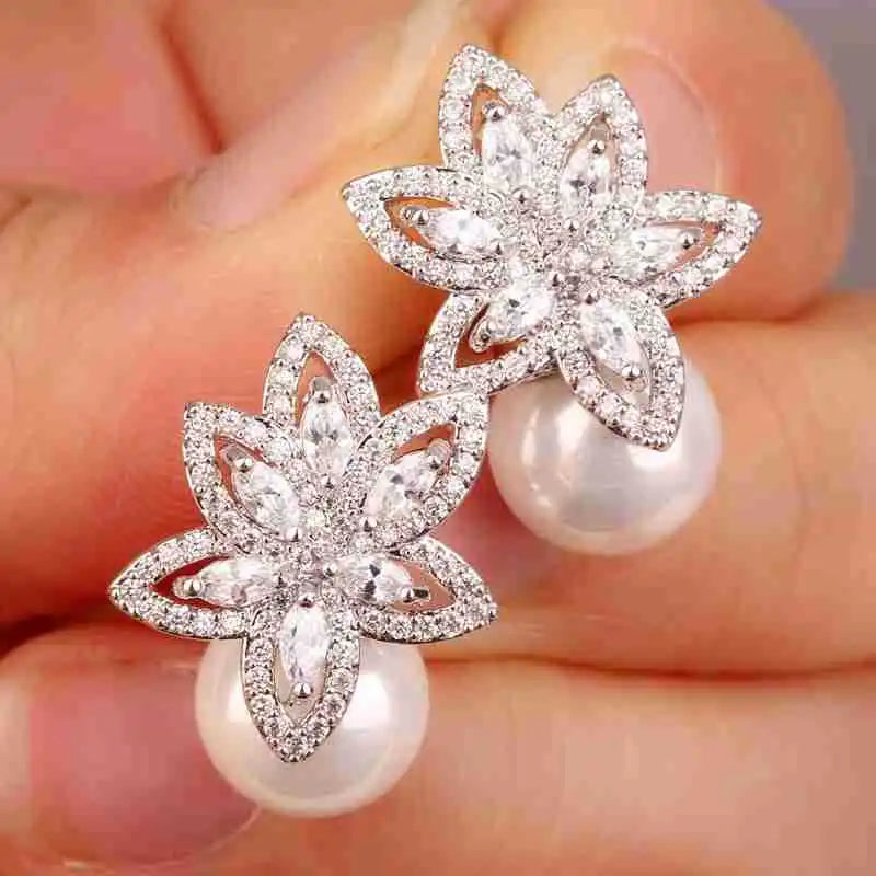 Pearl CZ Flower Earrings Wedding Jewelry Pendientes