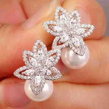 Pearl CZ Flower Earrings Wedding Jewelry Pendientes