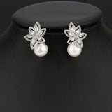 Pearl CZ Flower Earrings Wedding Jewelry Pendientes