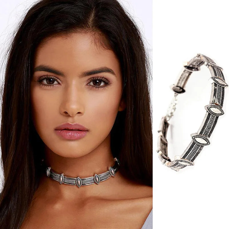 Geometric Metal Punk Choker Necklaces Plated Torques Carving Necklace