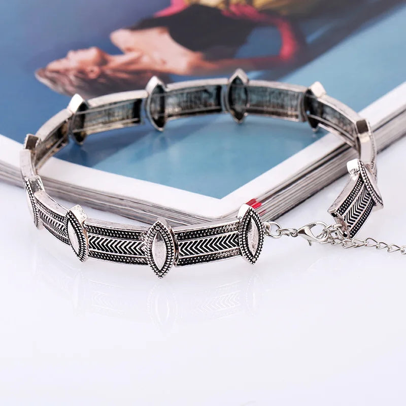 Geometric Metal Punk Choker Necklaces Plated Torques Carving Necklace