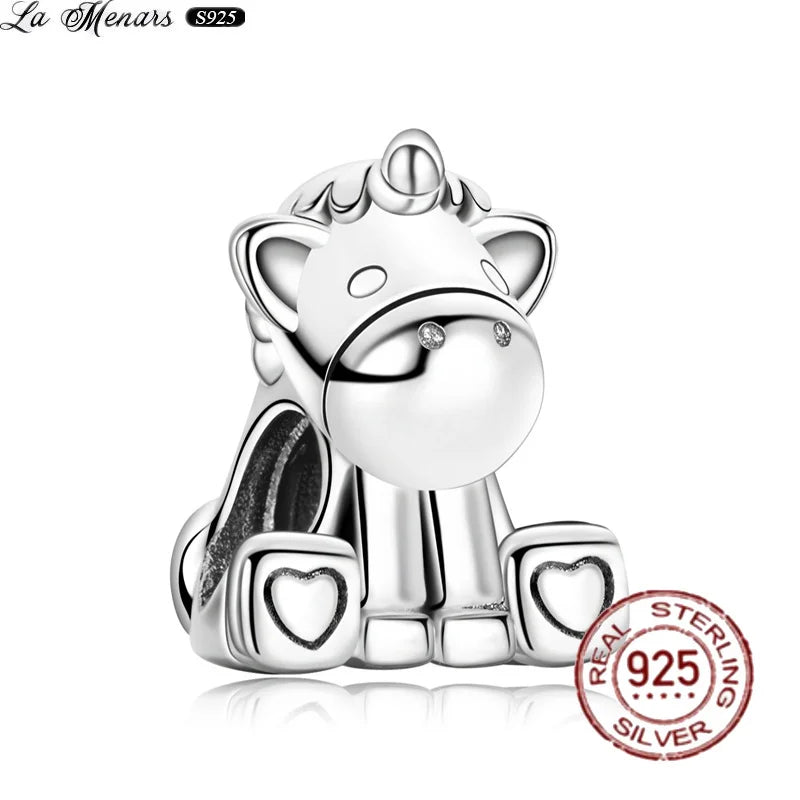 Sterling Silver Zircon Unicorn Dangle Charm for Bracelet Women Fine Jewelry