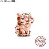 Rose Beaded Pendant Zircon Tiger Charm for Silver Bracelet