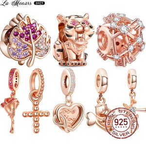 Rose Beaded Pendant Zircon Tiger Charm for Silver Bracelet