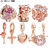 Rose Beaded Pendant Zircon Tiger Charm for Silver Bracelet