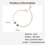 925 Silver Snake Chain Bracelet with Round Pearl for Women