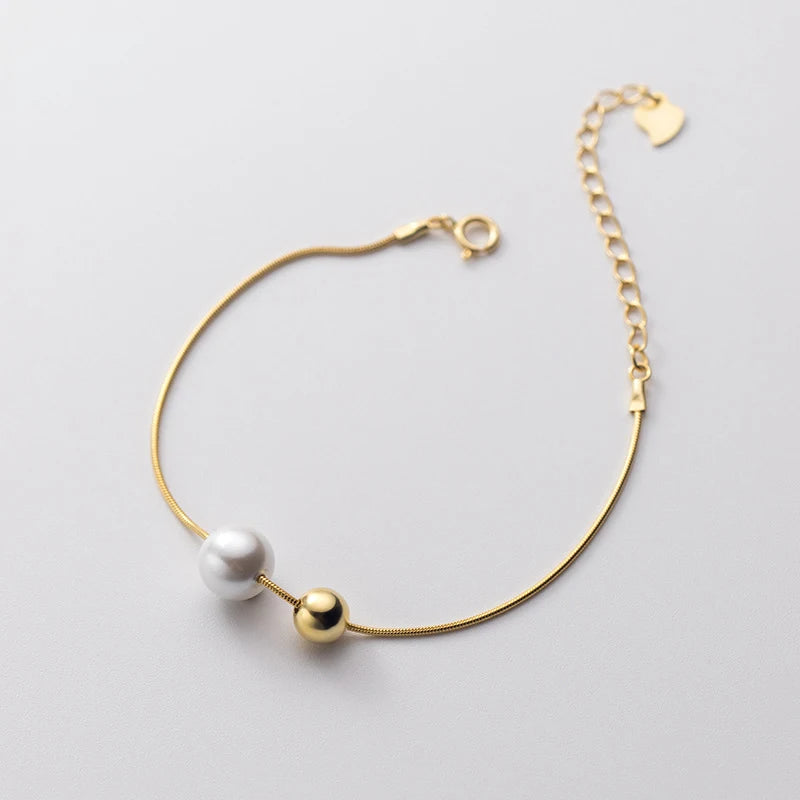 925 Silver Snake Chain Bracelet with Round Pearl for Women