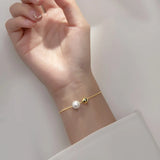 925 Silver Snake Chain Bracelet with Round Pearl for Women