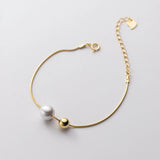 925 Silver Snake Chain Bracelet with Round Pearl for Women