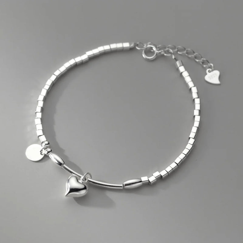 925 Sterling Silver Square Bead Heart Bracelet for Women