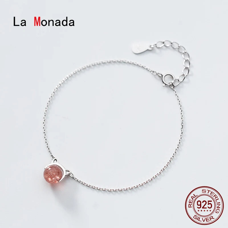 Pink Stone Cat Silver 925 Jewelry Bracelet Female Woman Minimalist Bracelet