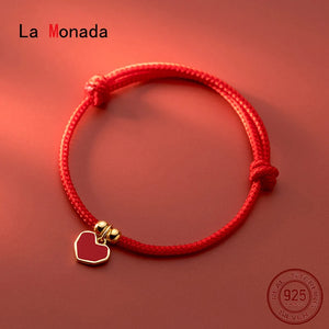 925 Sterling Silver Red Rope Bracelet Heart Red Thread