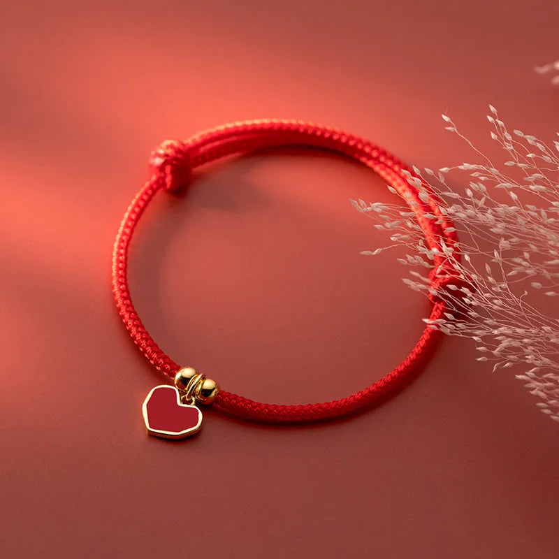 925 Sterling Silver Red Rope Bracelet Heart Red Thread