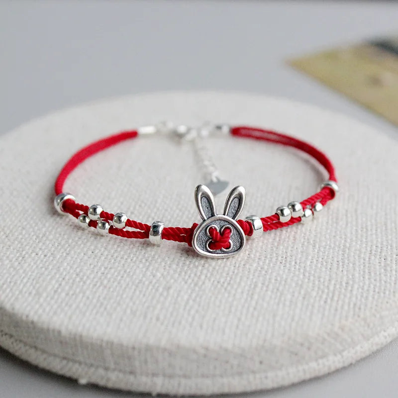 925 Rabbit 925 Sterling Silver Circle Red Rope Bracelets For Women