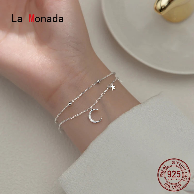 Layered Women Bracelet Silver Hand Chain Star Moon Charm 925 Silver Bracelet