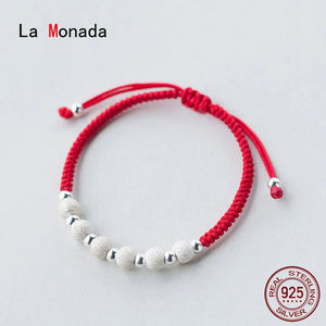 Sterling Silver Bracelet with Frosted Bead Red Thread - Women's Rope Bracelet