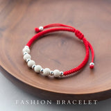 Sterling Silver Bracelet with Frosted Bead Red Thread - Women's Rope Bracelet