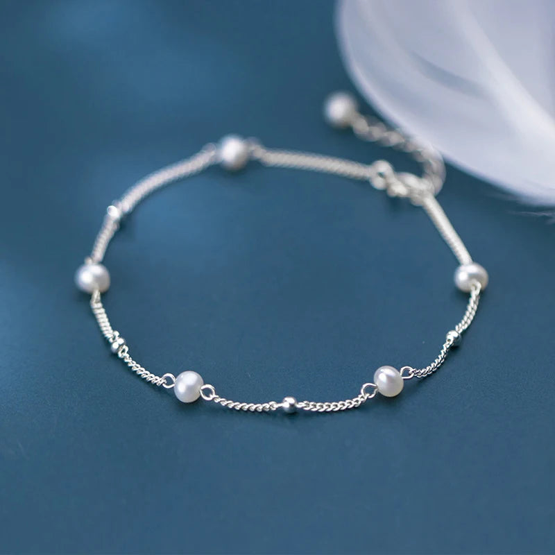 17+3cm Round Bracelet Silver 925 Sterling Pearl Bead Women's Bracelet