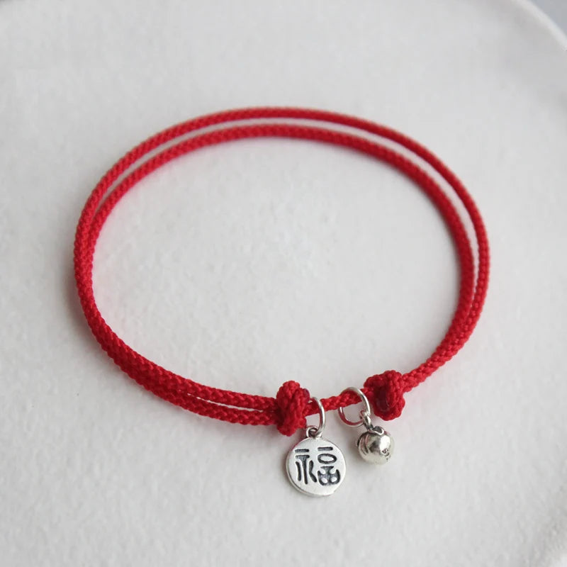925 Sterling Silver Bell FU Red Thread Bracelet