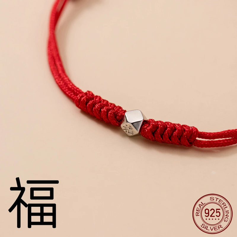 Red Thread 925 Silver Bracelet Women Chinese FU