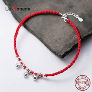 925 Sterling Silver Red Rope Bracelets Bell Thread Line String Jewelry