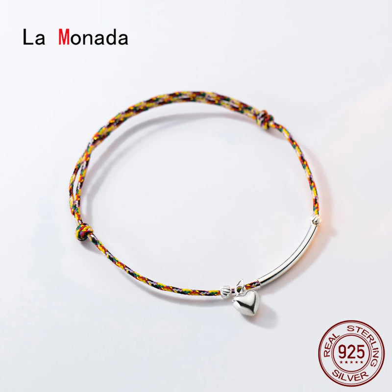 925 Silver Colorful Rope Bracelets Heart Thread Line String Jewelry
