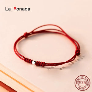 Red Thread 925 Silver Bracelet Women Geometry Bead Hand