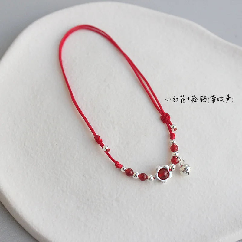 925 Sterling Silver Red Thread Bracelet with Flower Bell