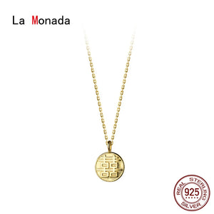 925 Silver Chain Necklace For Women Round Chinese Lucky Happy